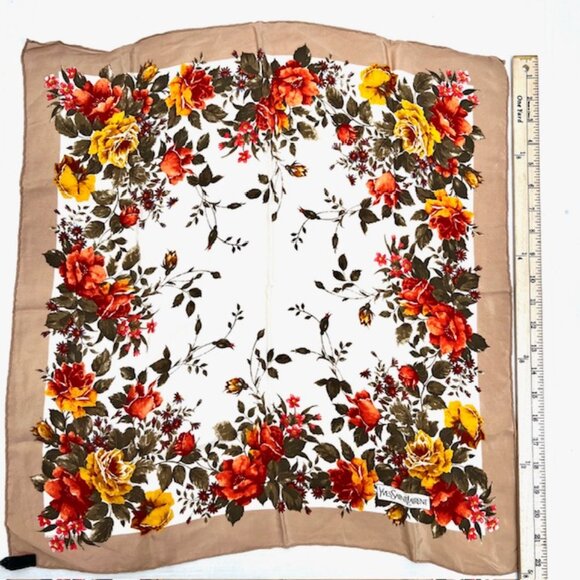 Vigt Yves Saint Laurent Mini Scarf/Handker 100% silk satin, 22"  Beige Flora (17 - Picture 6 of 6